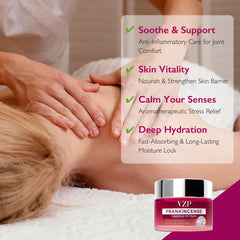 VZP Frankincense Essential Oil Cream texture close-up shows a rich, deeply hydrating formula.