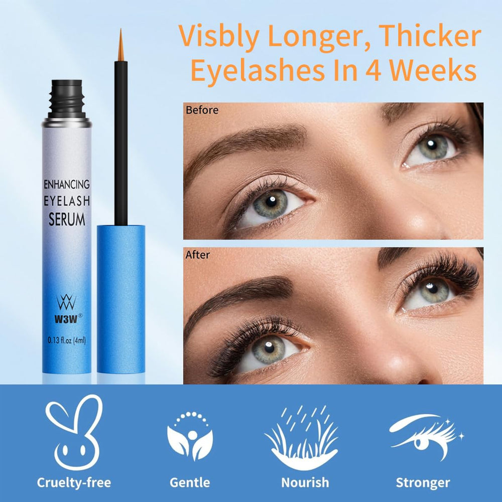W3W Lash Serum tube packaging on display highlights vegan, cruelty-free branding.