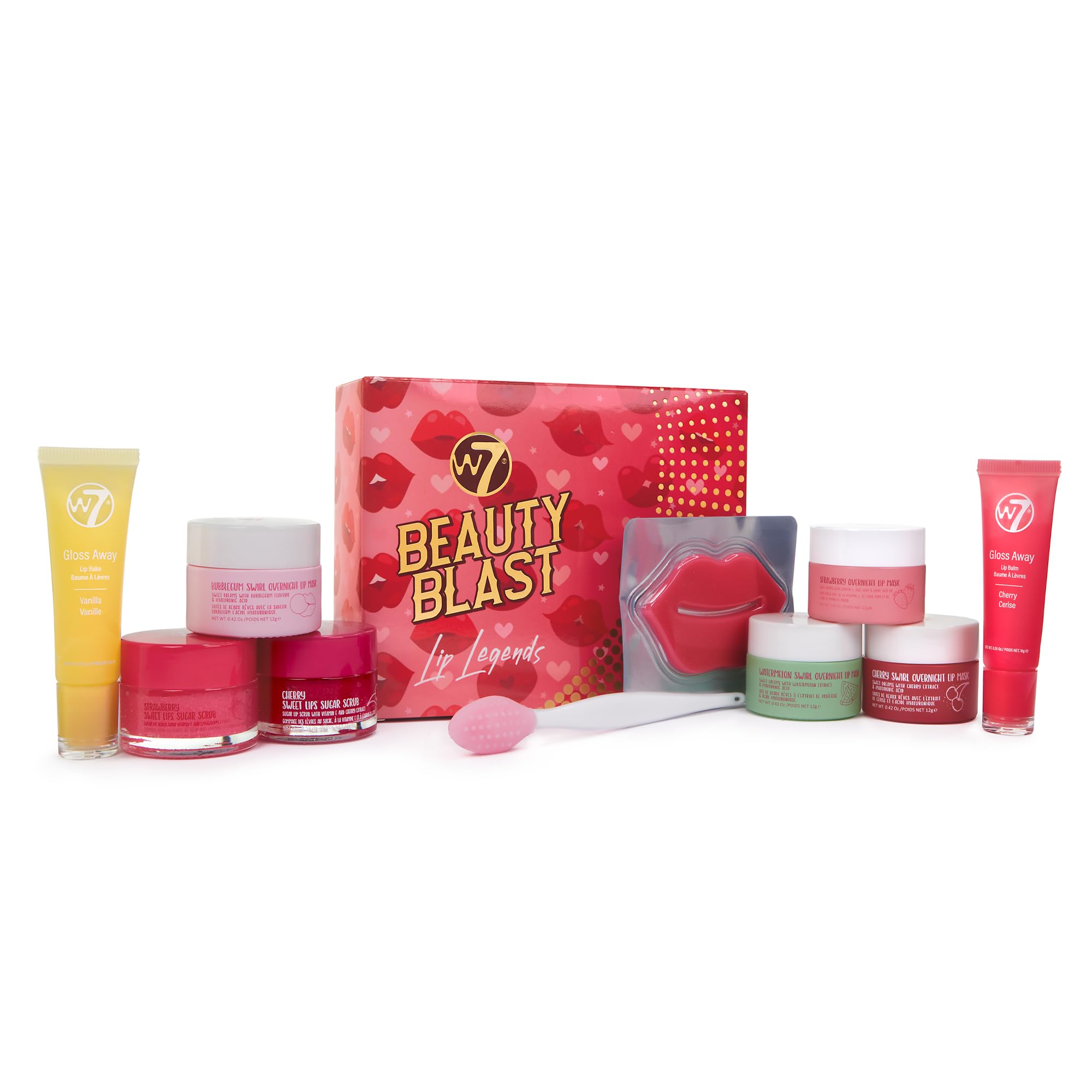 W7 Beauty Blast flavor labels showing playful lip care options.