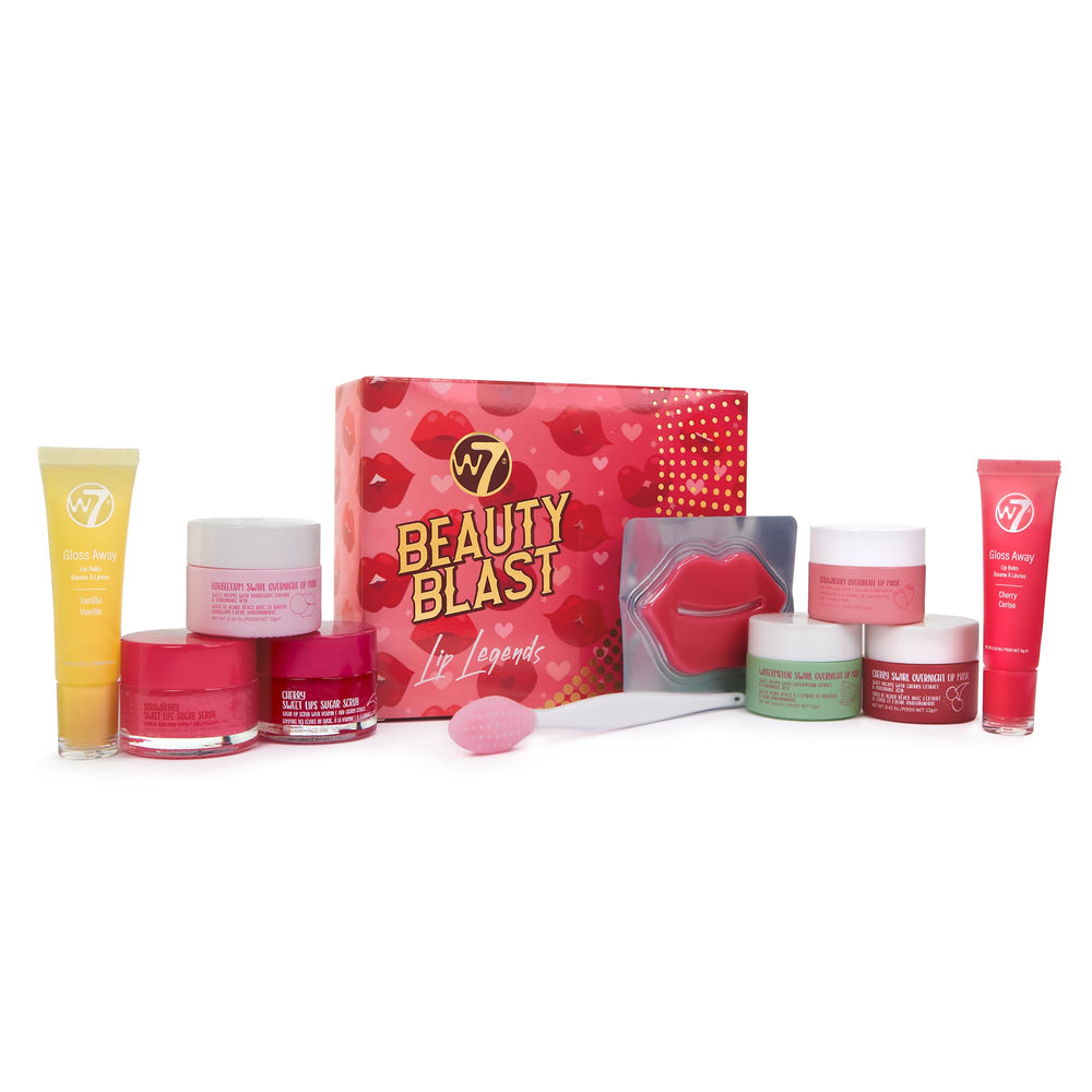 W7 Beauty Blast flavor labels showing playful lip care options.