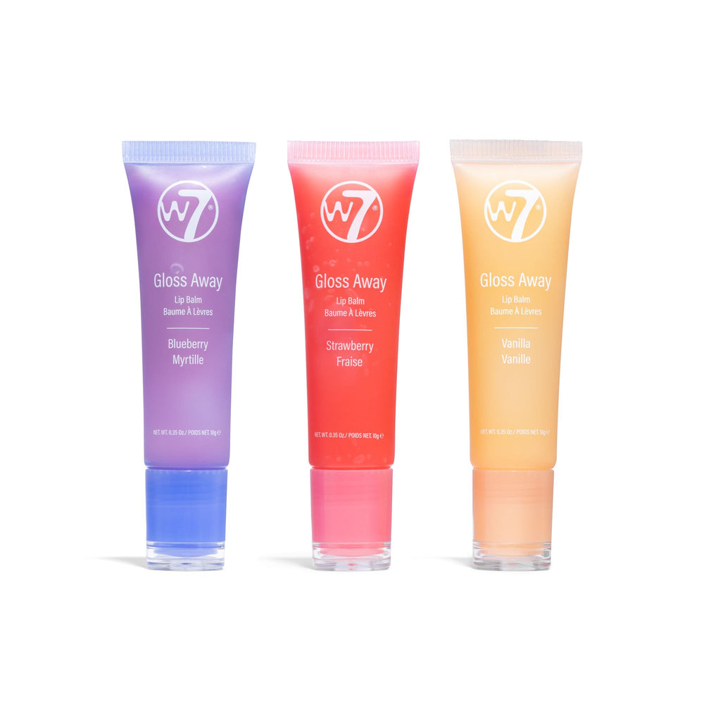 W7 Gloss Away Trio blueberry lip balm close-up with shea butter for deep hydration