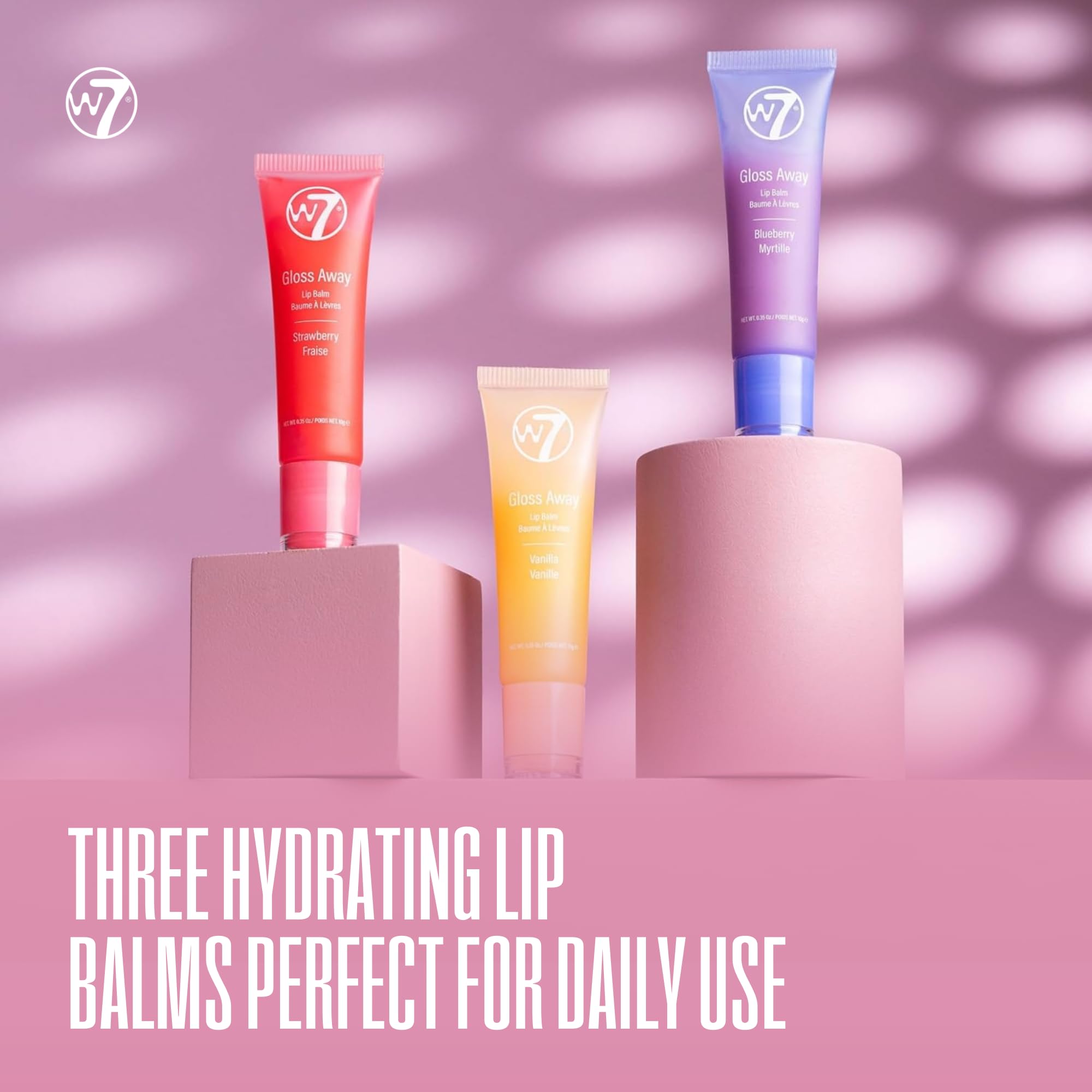 W7 Gloss Away Trio vanilla lip balm packaging showing vegan, cruelty-free promise