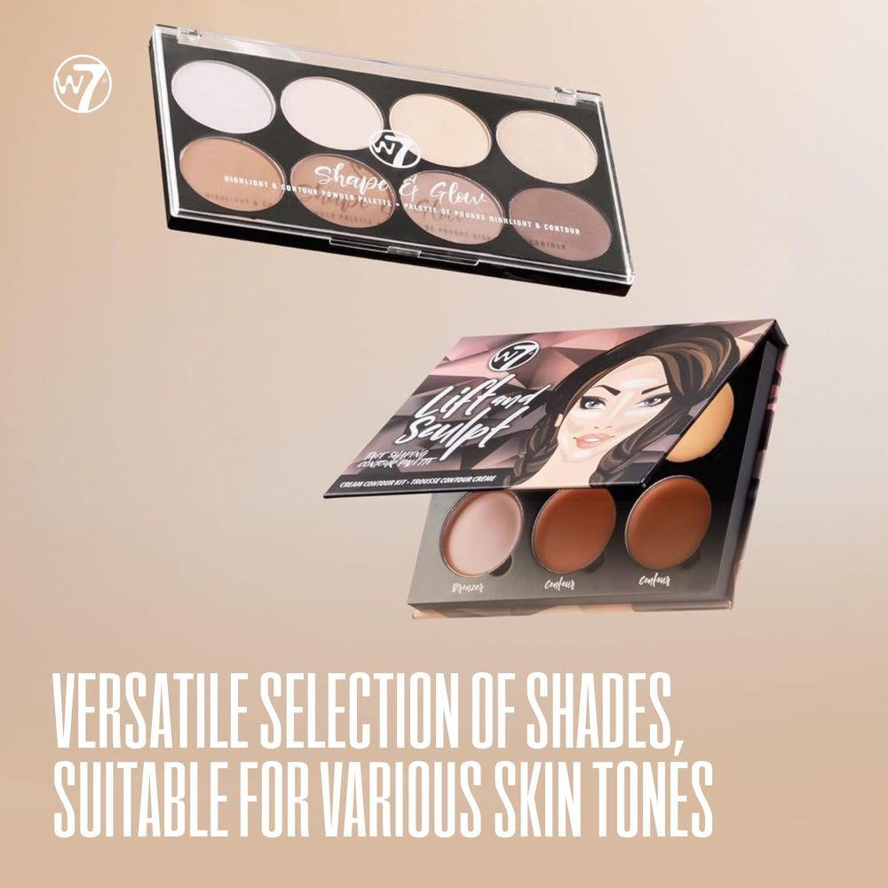 W7 Shape and Glow powder swatches showcase radiant highlights and sculpted cheeks