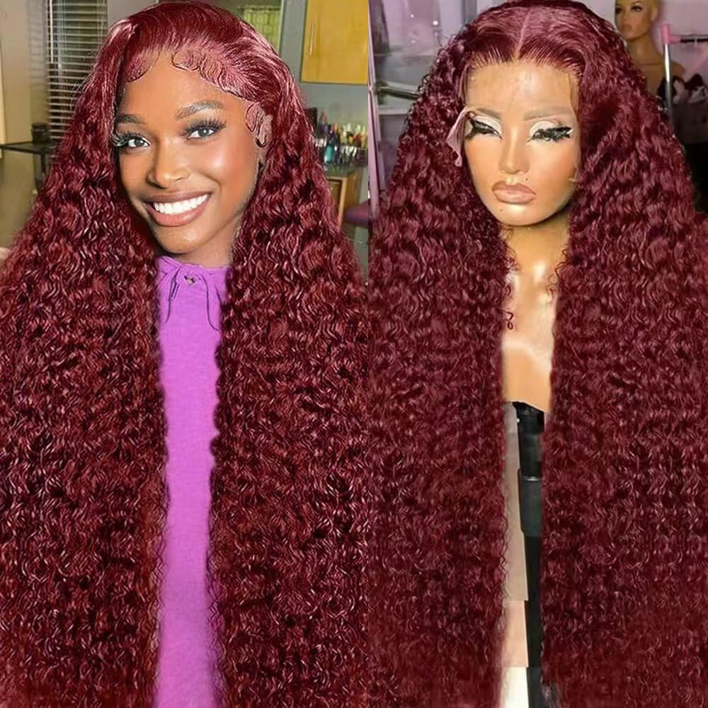 Waahr 30-inch burgundy deep wave lace front wig for dramatic, long-lasting volume.