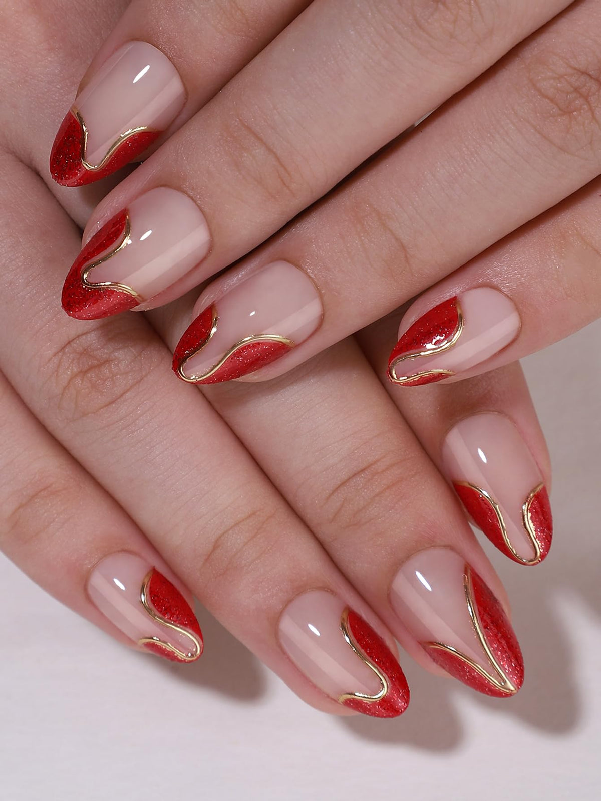 WAFOLOZE red French tip press-on nails almond short for quick at-home manicure