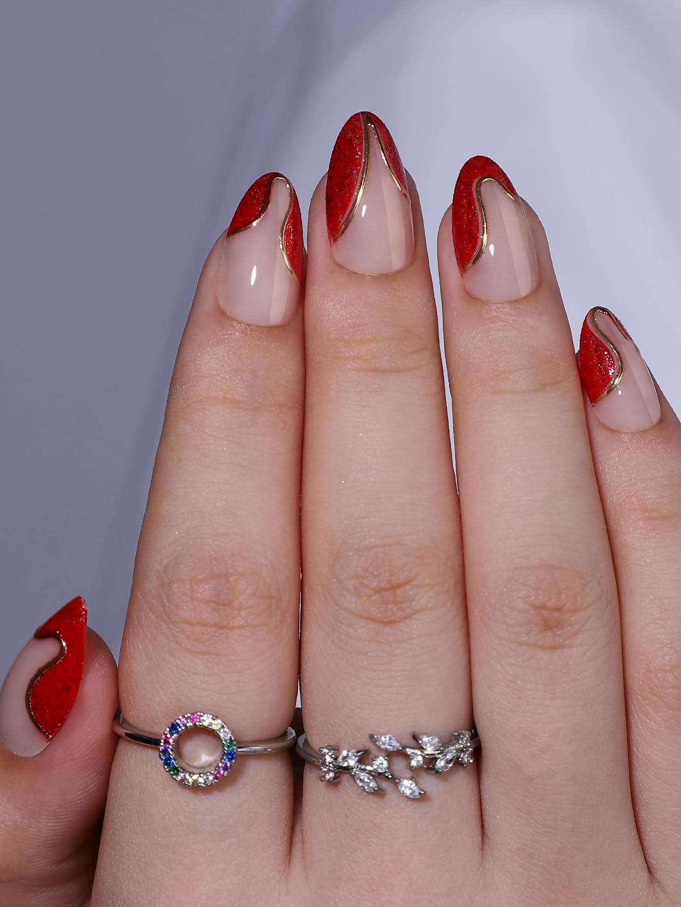 WAFOLOZE almond short nails with red French tip, flexible gel for natural feel