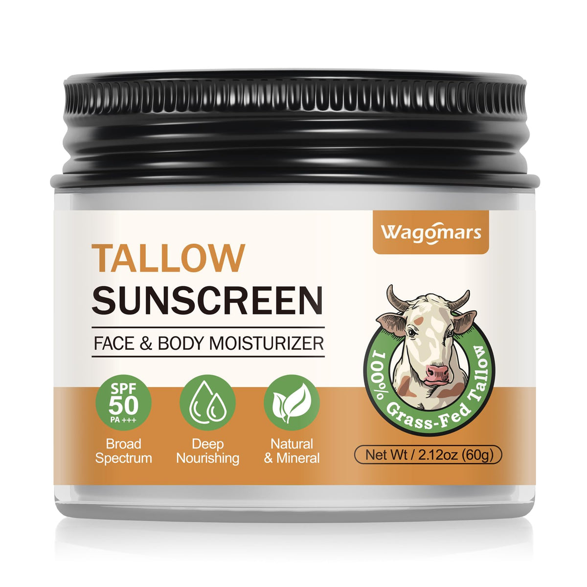 Wagomars Beef Tallow Sunscreen bottle shows mineral SPF 50 for daily sun protection