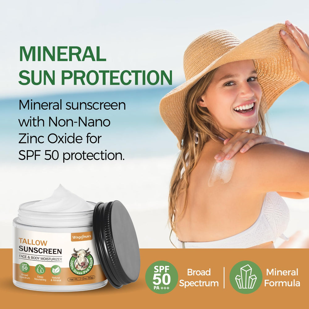 Wagomars Beef Tallow Sunscreen closeup highlights non-nano zinc oxide for gentle coverage