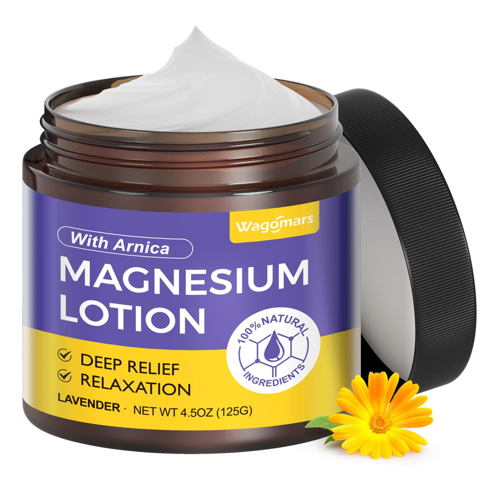 Wagomars magnesium lotion bottle pour for quick, soothing skin care.