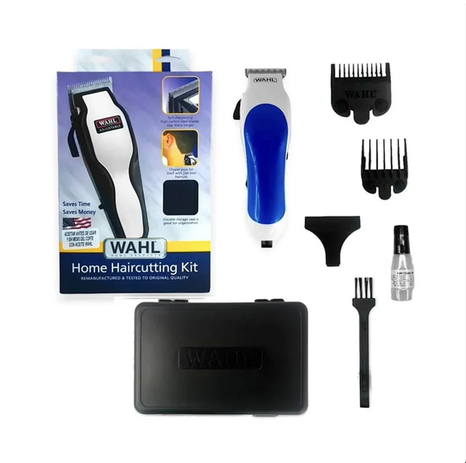 Wahl Multi Cut Clipper with self-sharpening high-carbon steel blades for lasting sharpness.