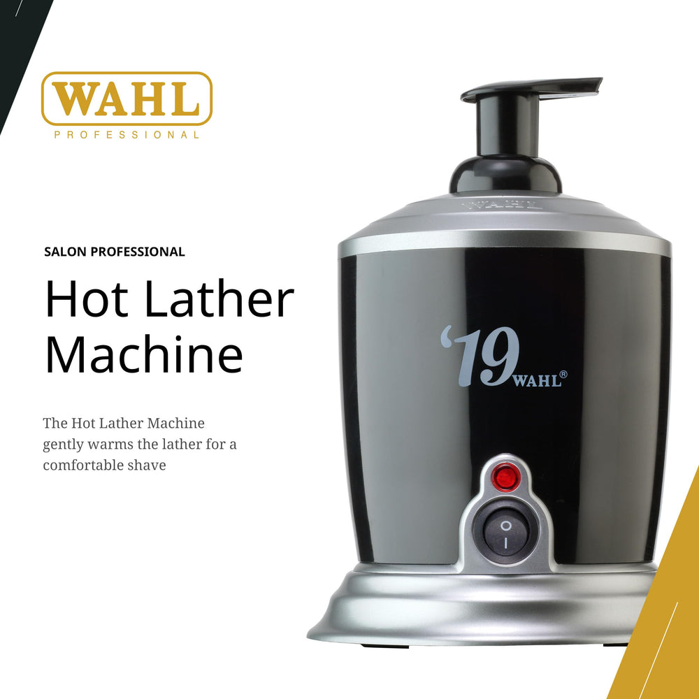 Wahl Professional blue indicator light signals readiness on the hot lather machine.