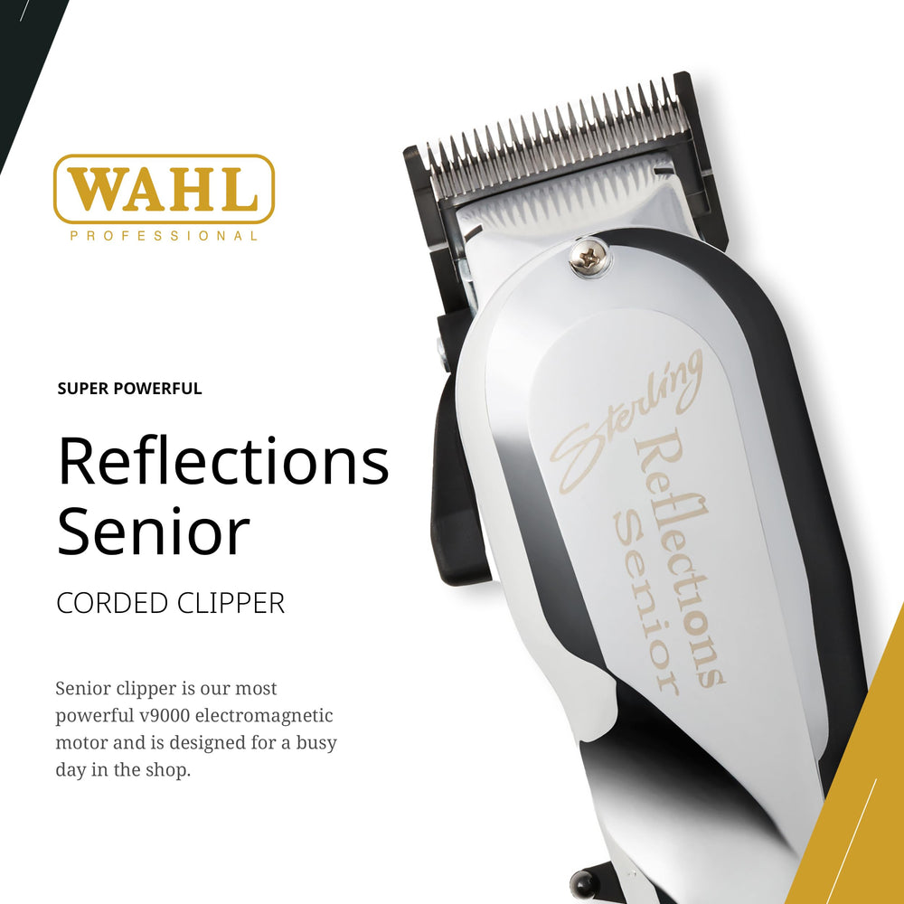 Wahl Professional Reflections Senior Clipper V9000 motor stays cooler for extended sessions.