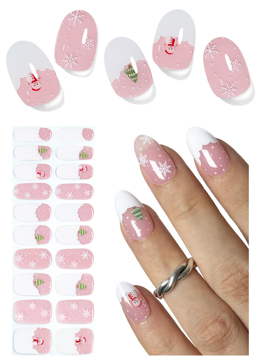 Wahrshei semi-cured gel nail strips with snowman design for quick at-home manicure.