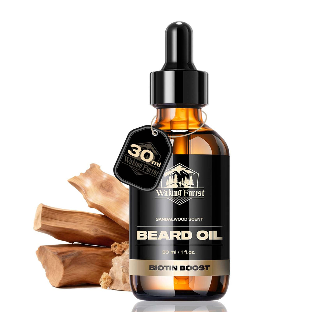Waking Forest beard oil bottle close-up showing nourishing formula for healthier facial hair.