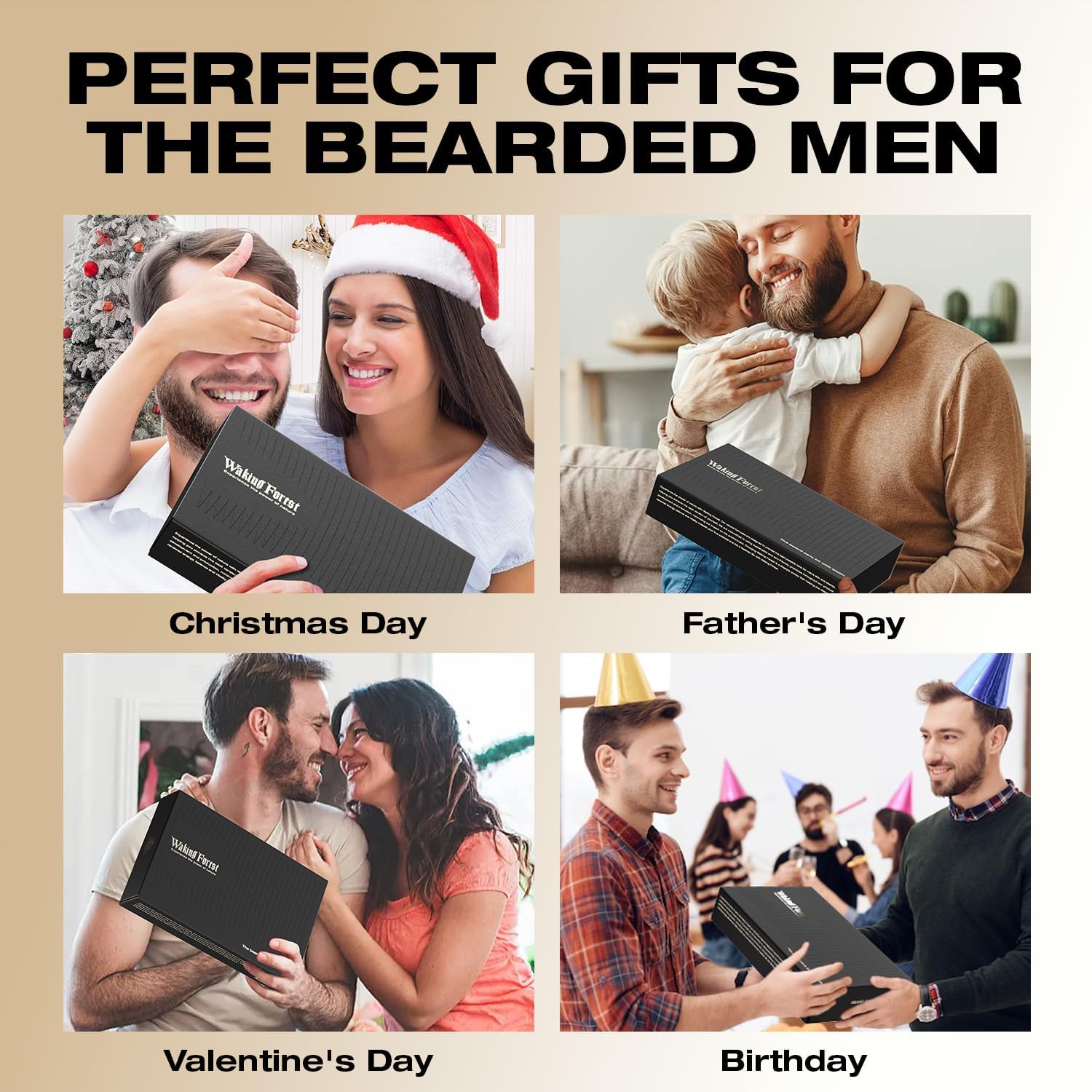 Waking Forest beard oil packaging box emphasizes premium natural ingredients.