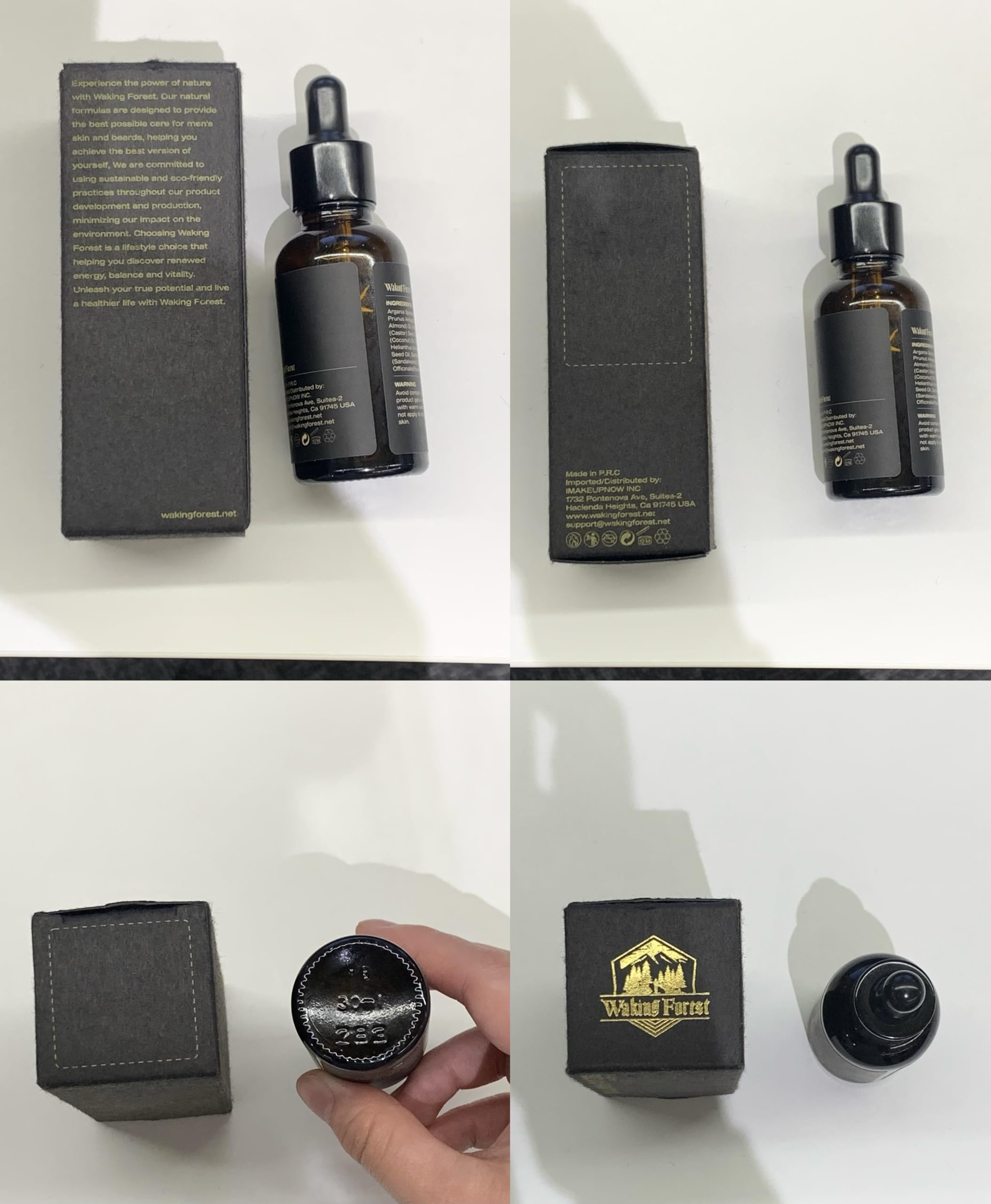 Waking Forest one oz beard oil packaging ideal for travel.