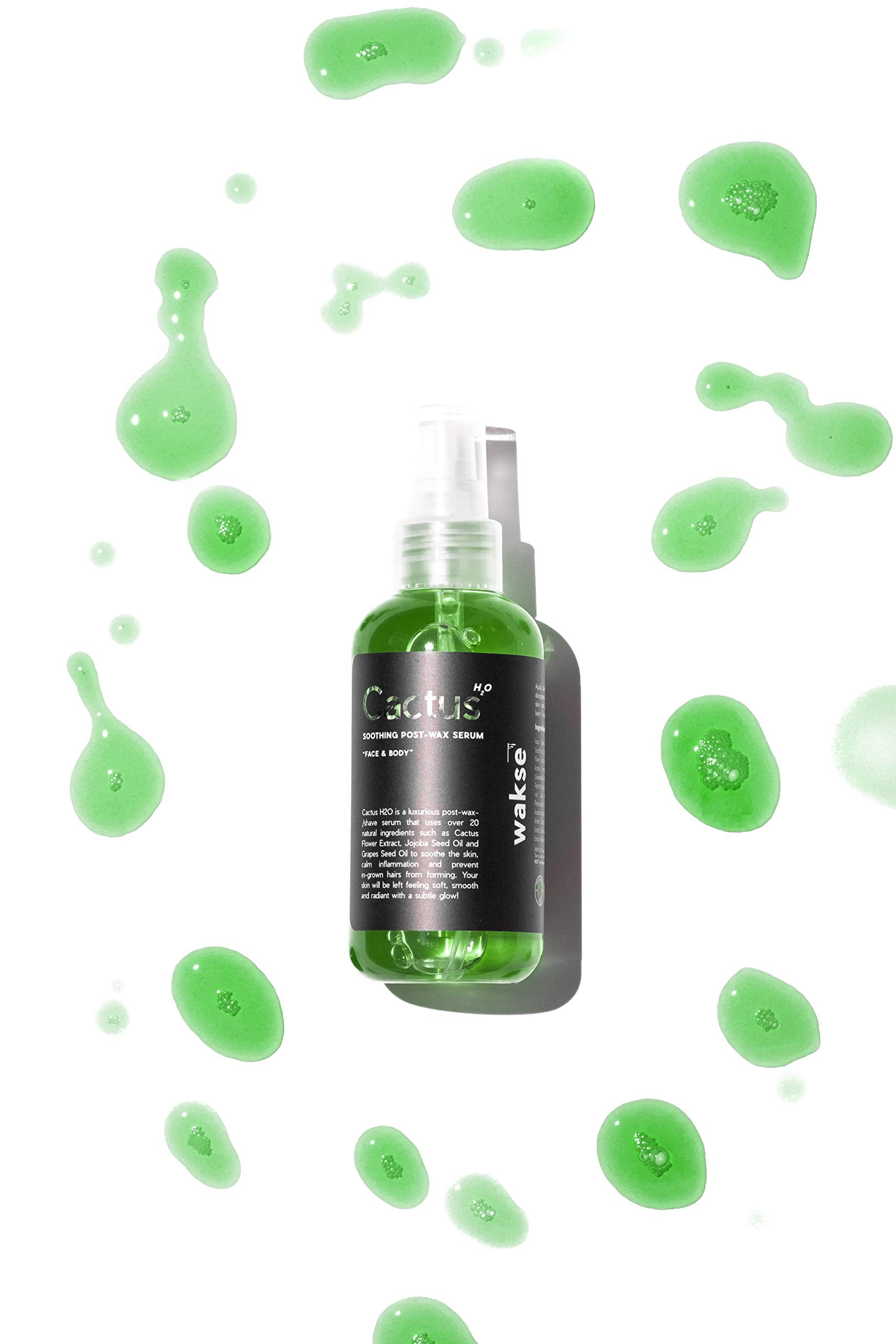 Wakse Cactus H2o Serum bottle pump delivering cooling hydration after waxing.