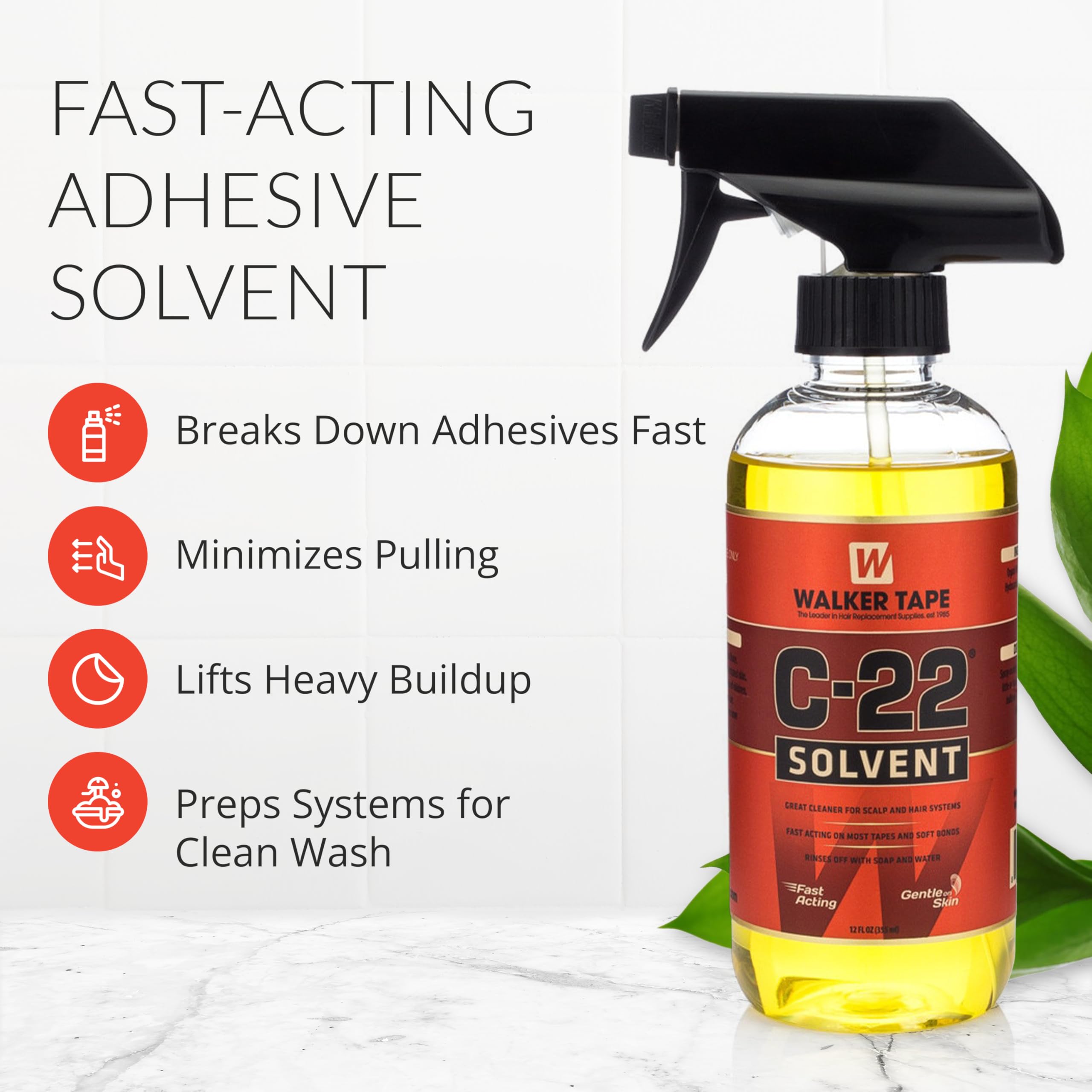 Close-up of C-22 label highlighting quick solvent action for hairpiece maintenance.