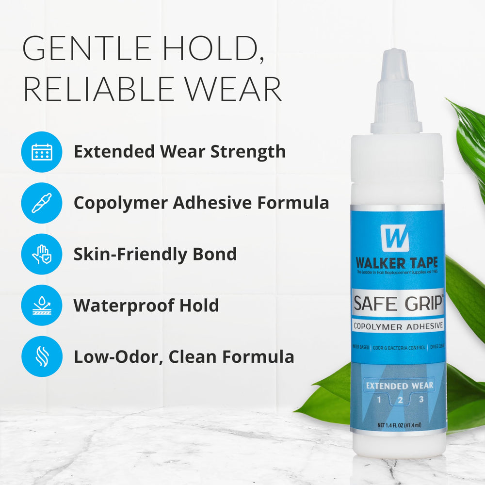 Walker Tape Safe Grip bottle demonstrates clear-drying formula for discreet hairline adhesion.