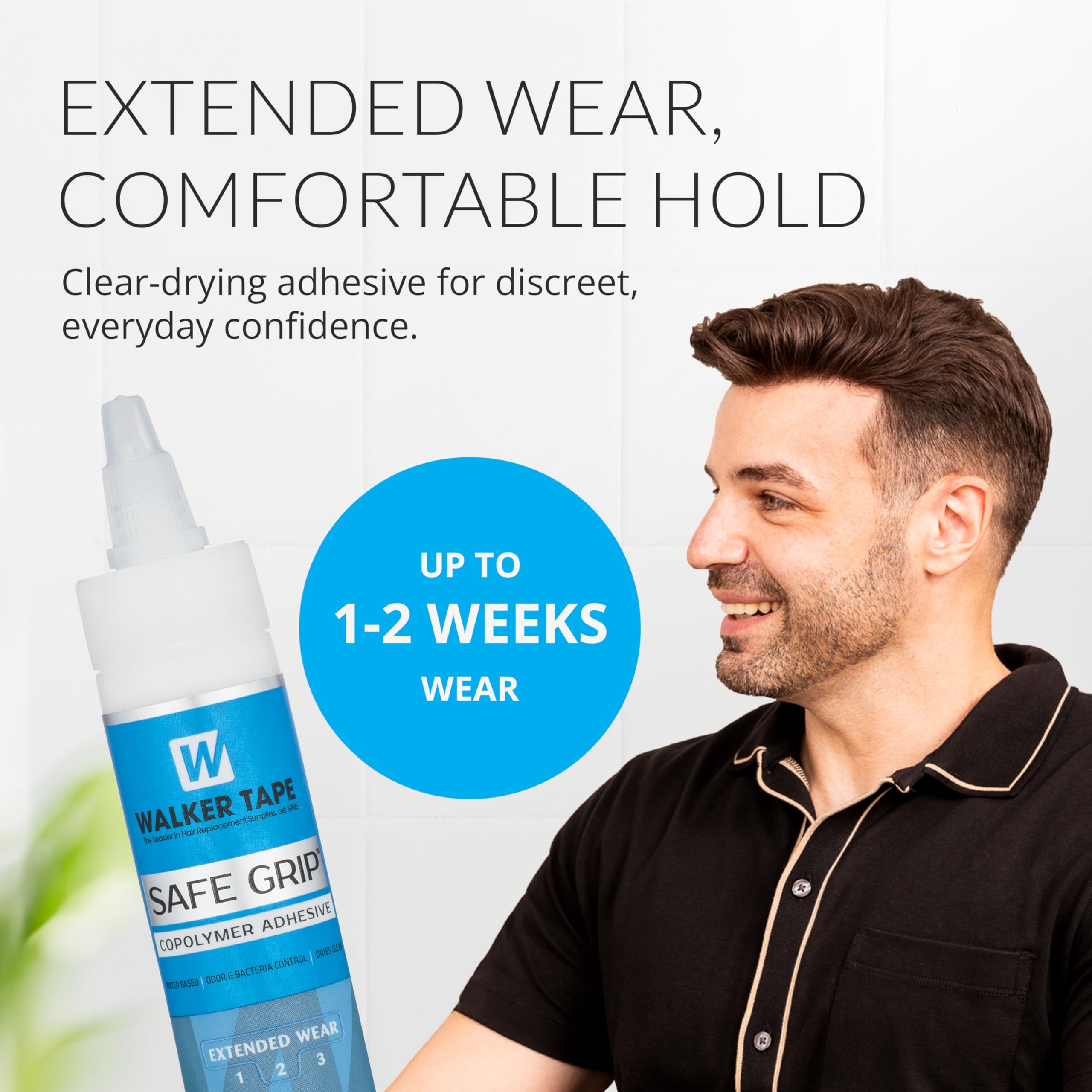 Walker Tape Safe Grip clear color adhesive blends with hair for natural-looking installs.