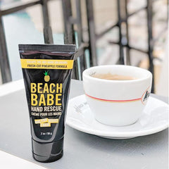 Walton Wood Farm Beach Babe hand cream applied on hands for a soft, non-greasy finish.