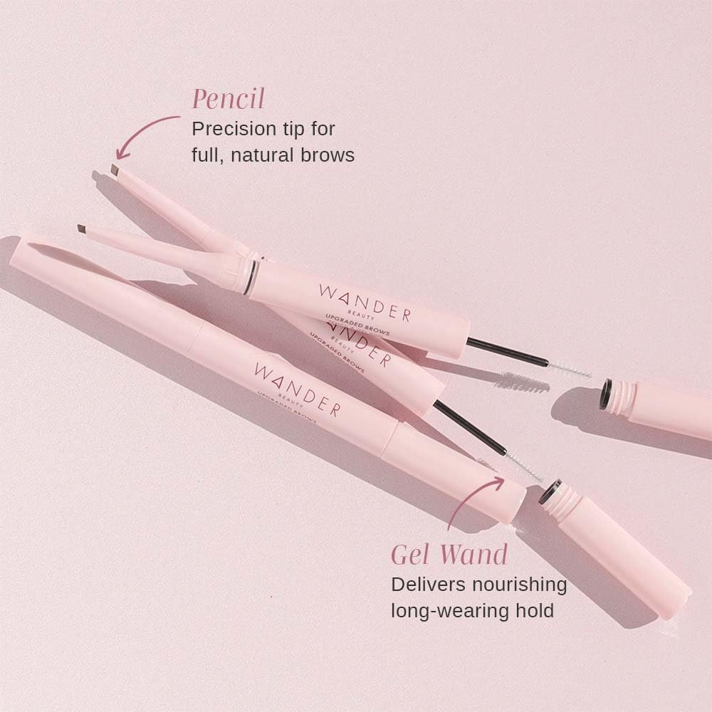 Wander Beauty dual-ended brow pencil and clear gel in use.