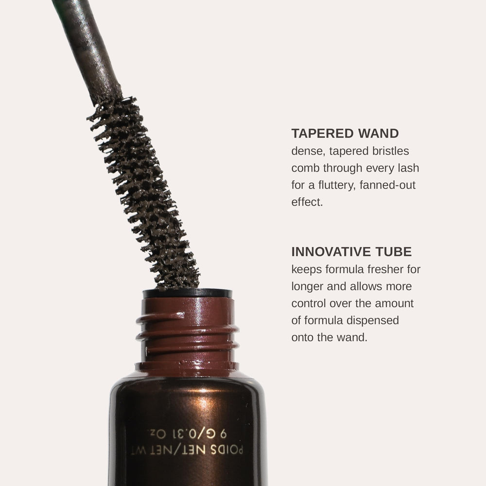 Wander Beauty Mile High Club mascara on lashes for lengthening and fanned definition.