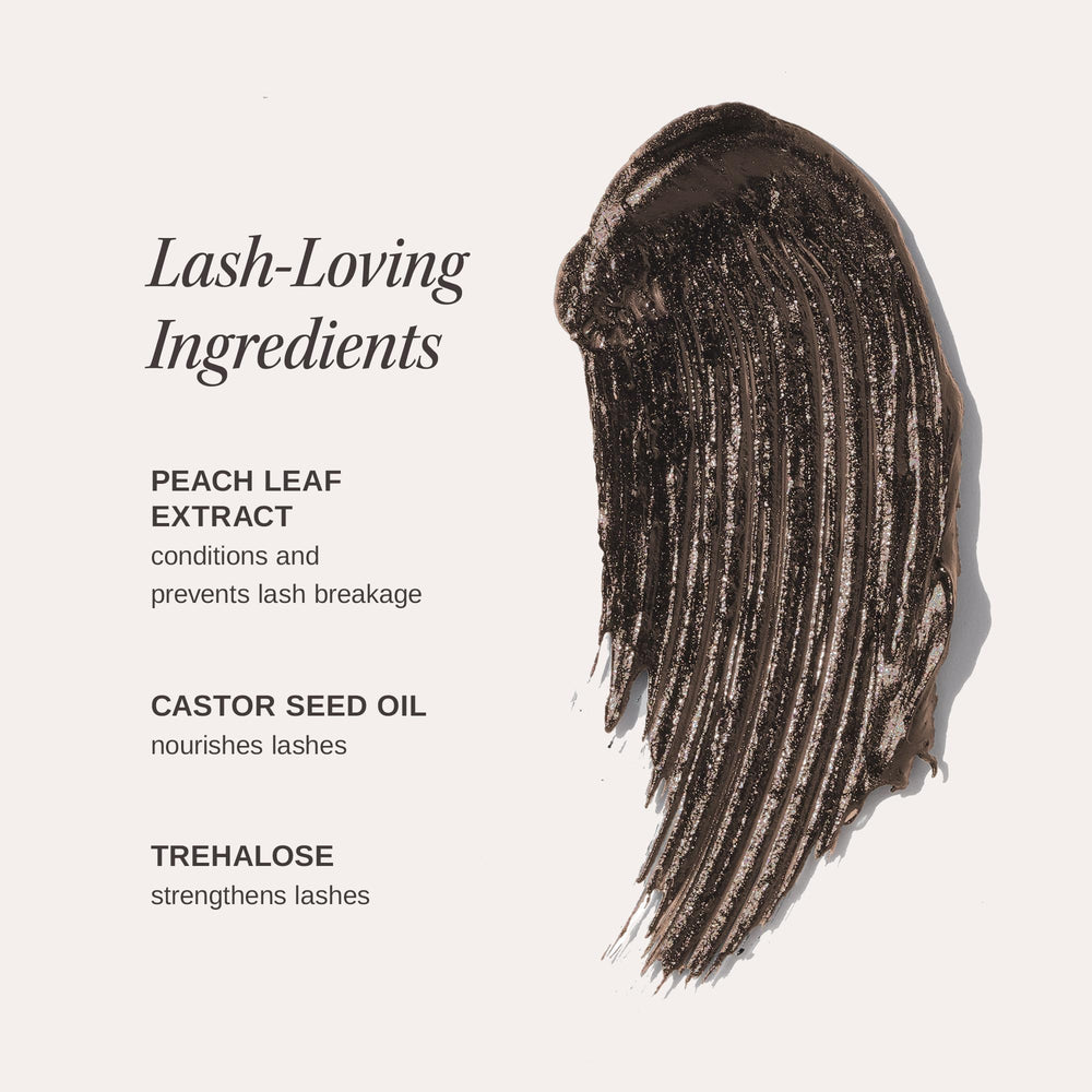 Wander Beauty Mile High Club mascara tube packaging showing soft brown pigment for natural definition.