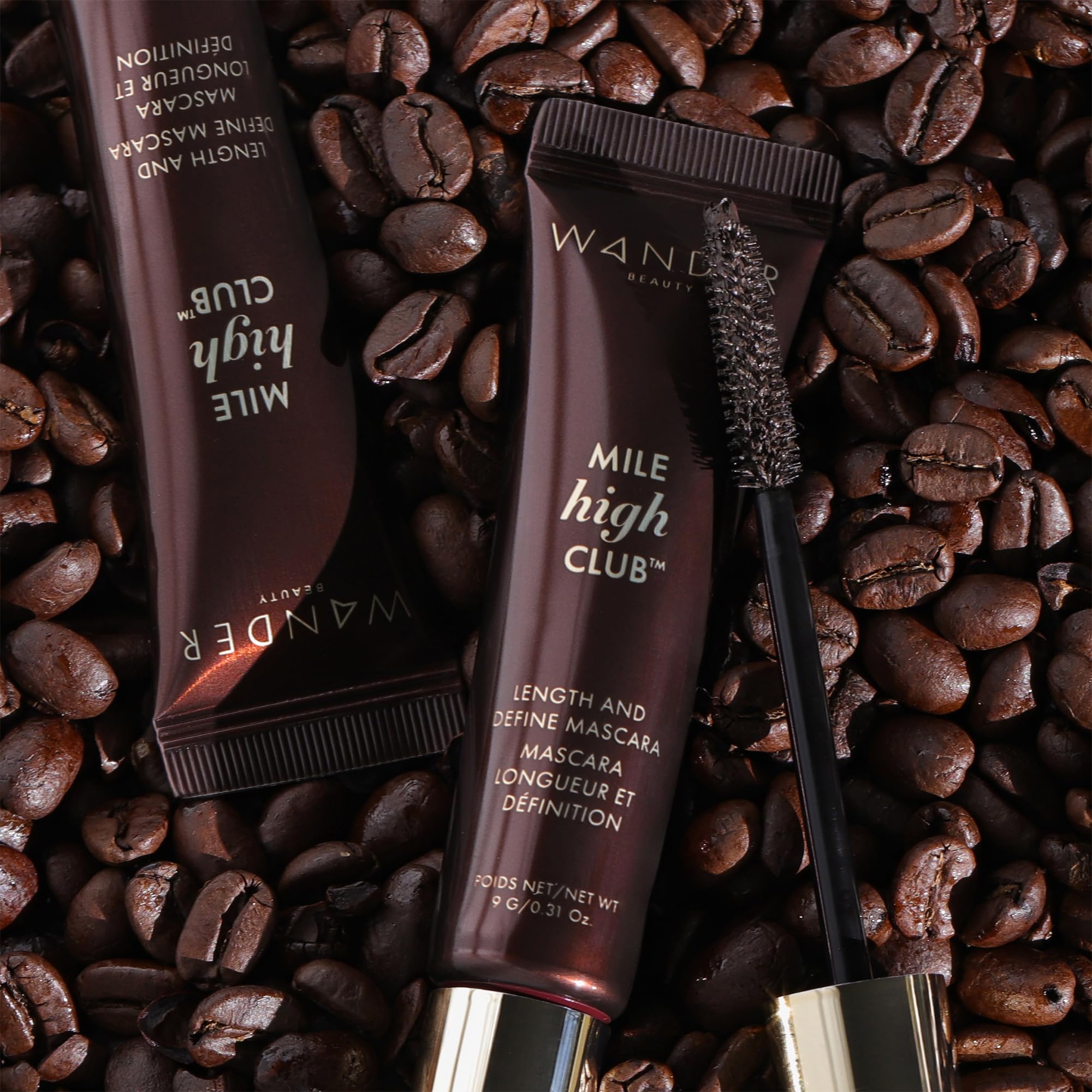 Wander Beauty Mile High Club mascara testing water-resistance for all-day wear.