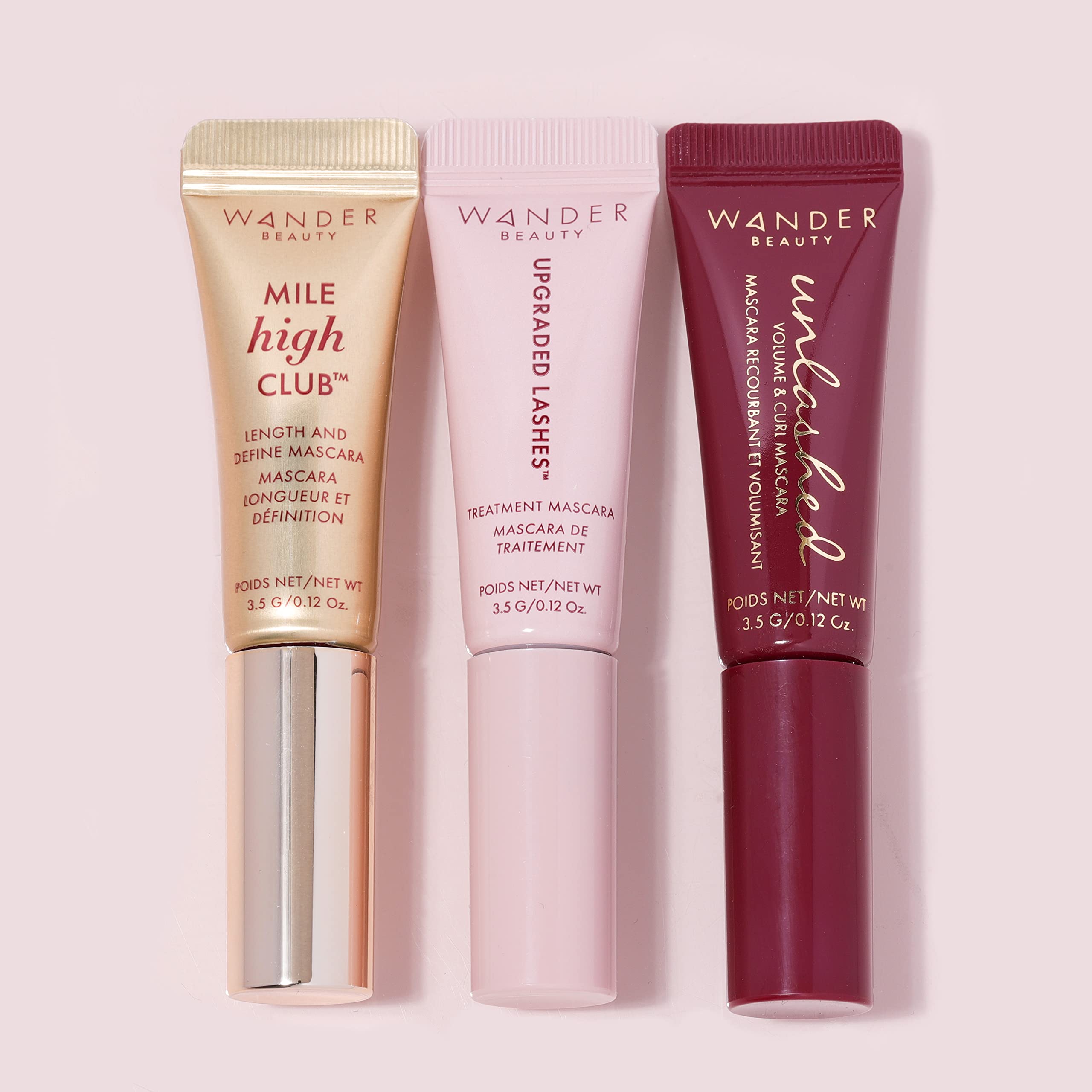Wander Beauty triple-mascara set in glossy black finish for versatile daily wear.