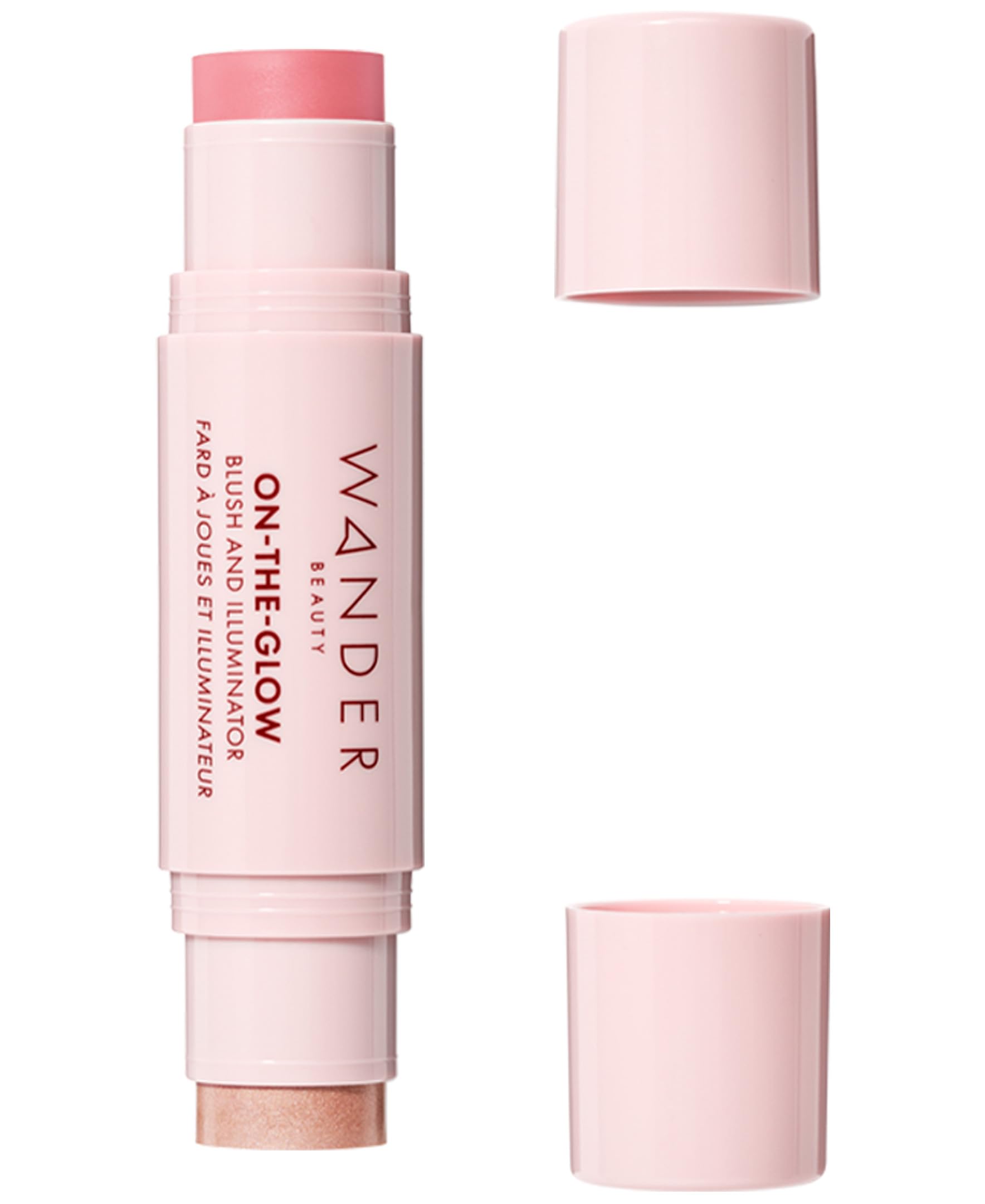 Wander Beauty On-the-Glow dual-ended blush and illuminator in Petal Pink for radiant cheeks