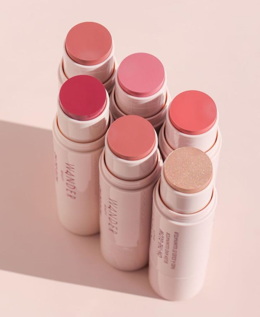 Wander Beauty dual-ended stick applied to lips and cheeks for multitask use