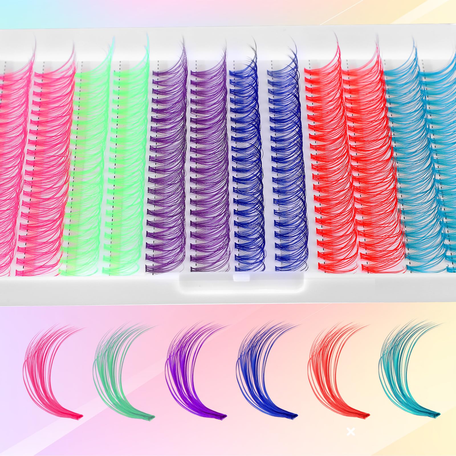 Wanmu 3D colored lash clusters closeup showing vibrant texture and volume.