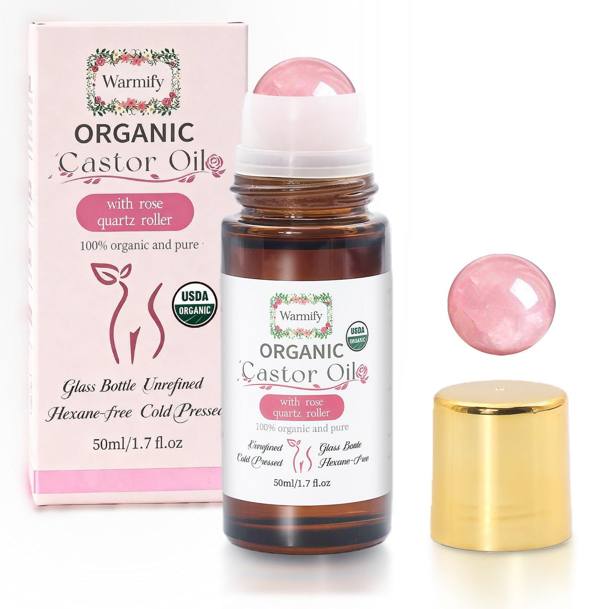 Warmify Organic Castor Oil with Rose Quartz Roller 50ml for full-body hydration