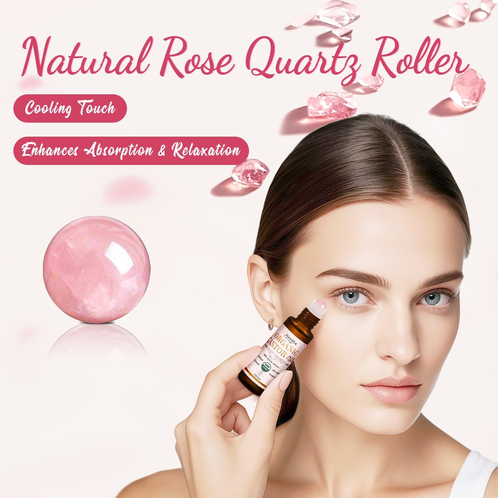 Warmify rose quartz face roller provides cooling massage for hydrated skin.