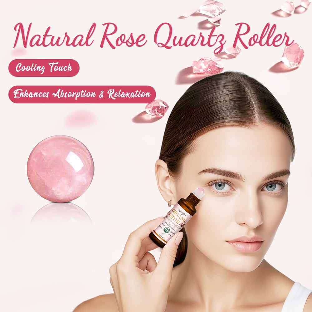 Warmify rose quartz face roller provides cooling massage for hydrated skin.