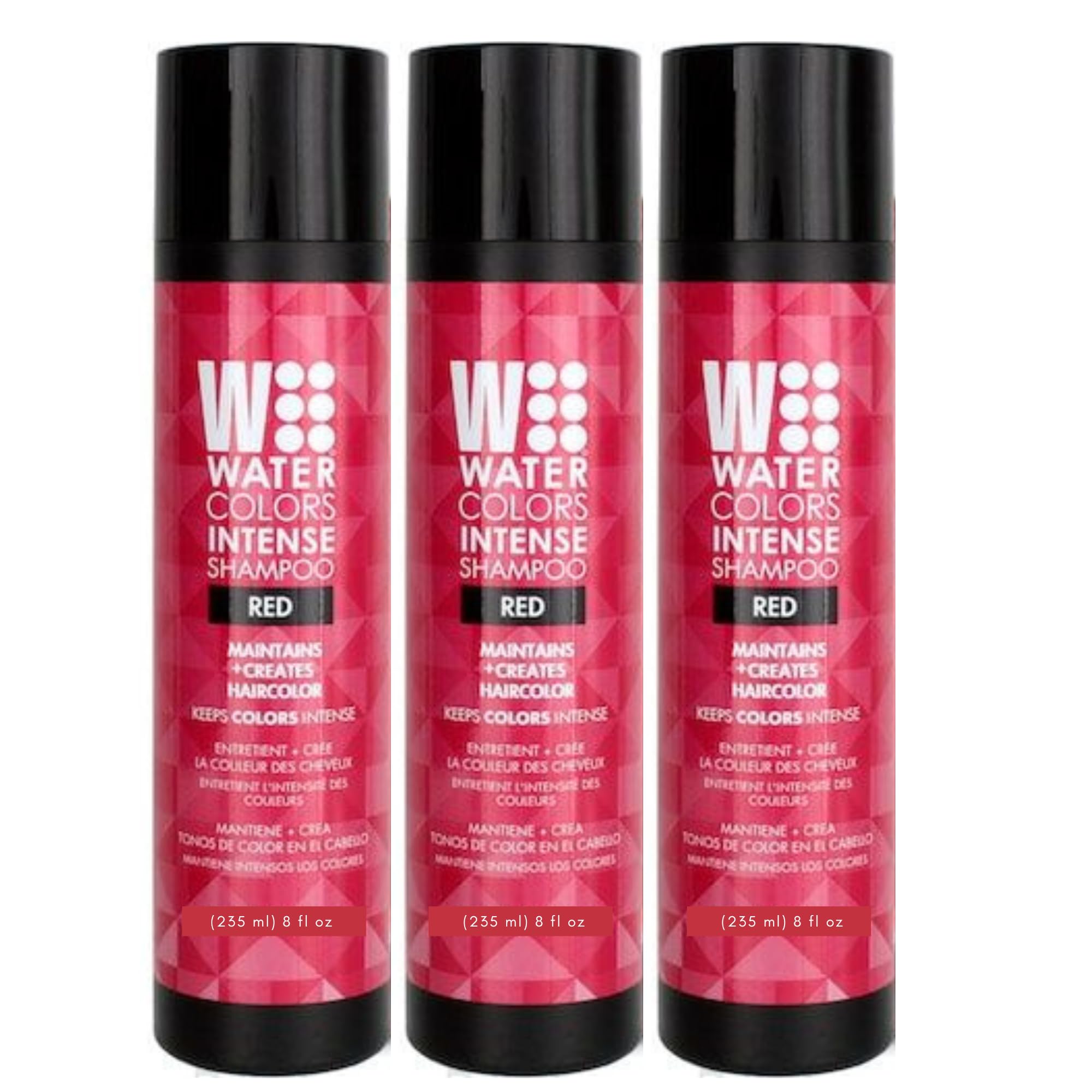 Watercolors Intense Color Depositing Shampoo bottle, vibrant red shade and color boost for dyed hair.