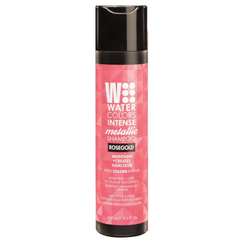 Watercolors Rose Gold shampoo bottle shows vibrant color deposit.