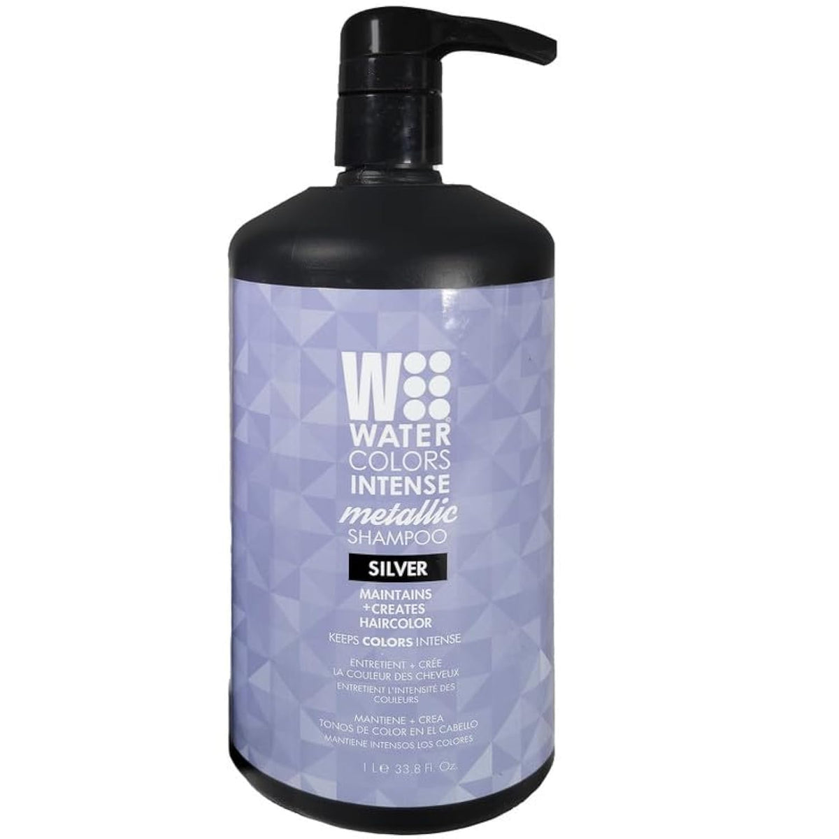Watercolors Silver Shampoo bottle front promotes color retention for cool tones.
