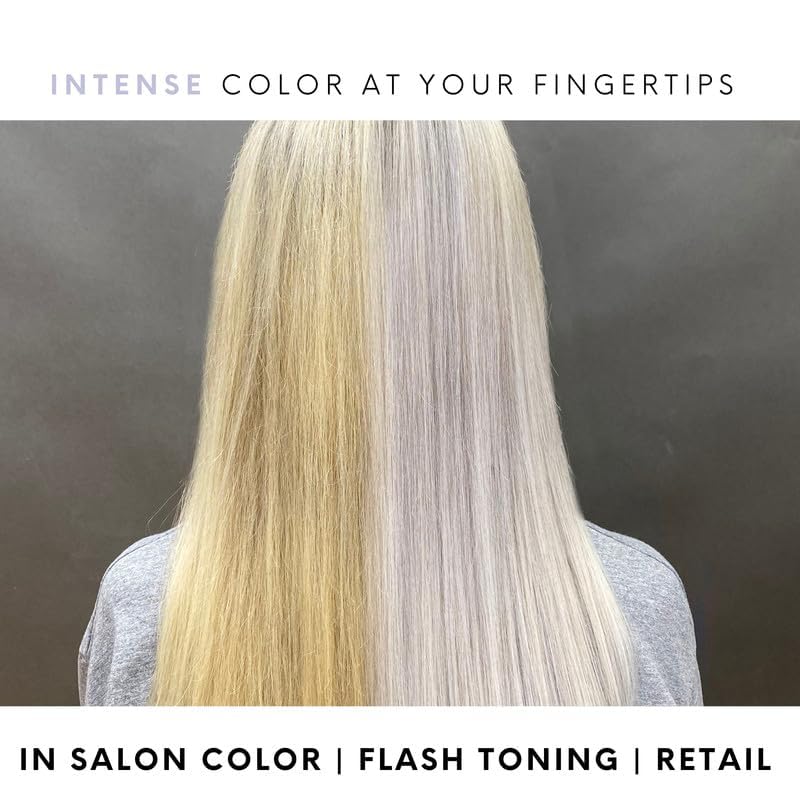 Watercolors Silver Shampoo bottle beside color swatches demonstrates tone preservation.