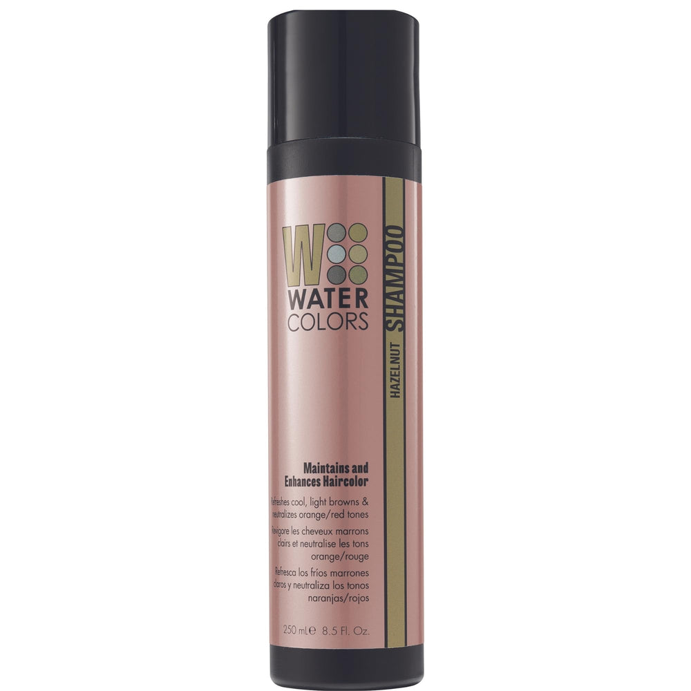 Watercolors by Tressa Hazelnut shampoo bottle showing color refreshing formula for vibrant results