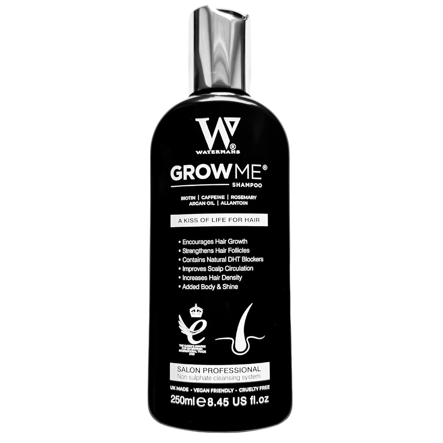 Watermans Grow Me shampoo bottle front showing nourishing formula for thicker, fuller hair