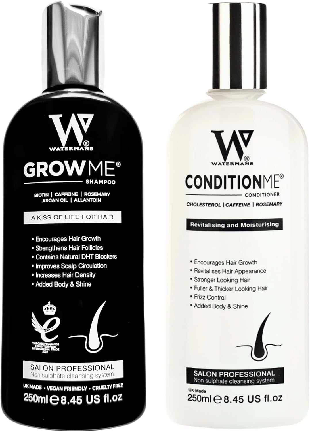 Watermans Grow Me shampoo bottle with biotin and argan oil for healthier hair