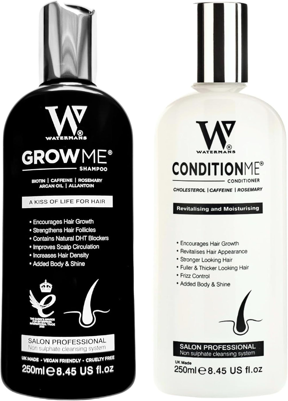 Watermans Grow Me shampoo bottle with biotin and argan oil for healthier hair
