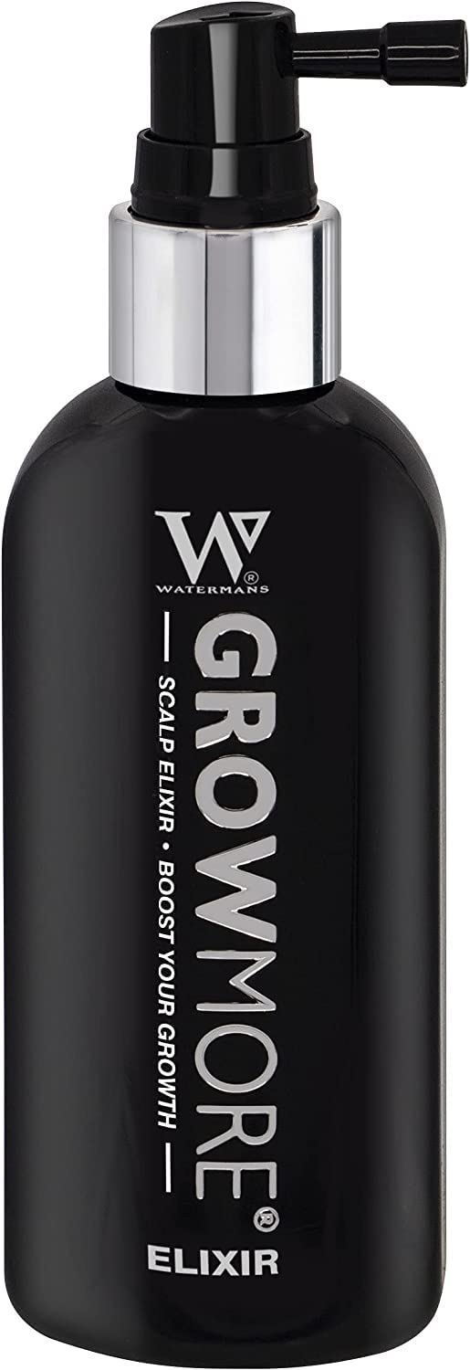 Watermans Grow More Hair Serum bottle pour for precise, quick-absorbing application.