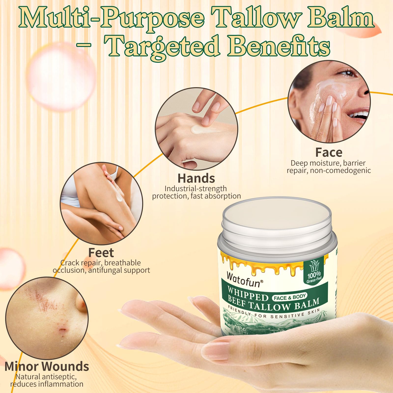 Watofun balm on hands and feet suggests all-over moisture potential.