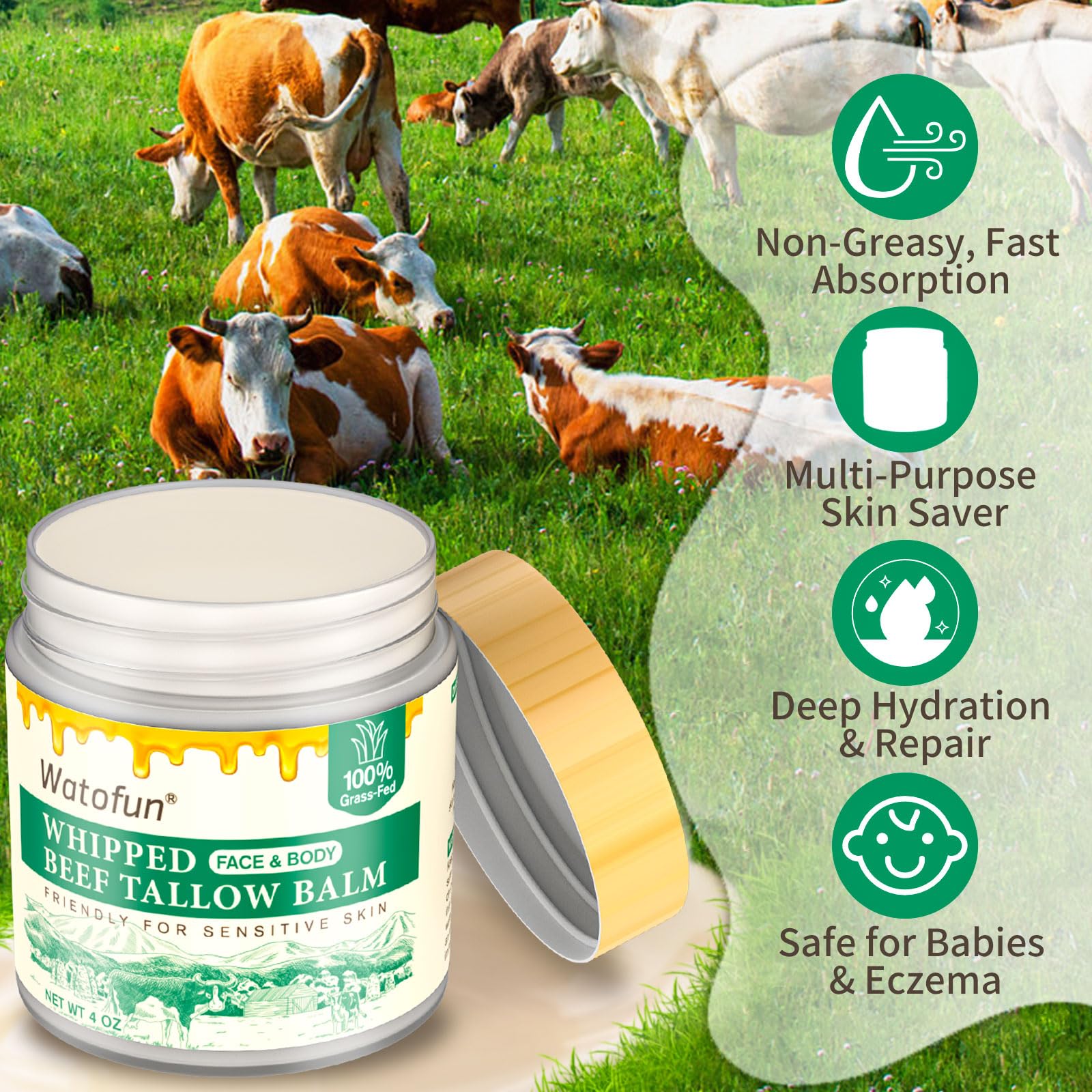 Watofun balm ingredients collage emphasizes grass-fed tallow and honey benefits.