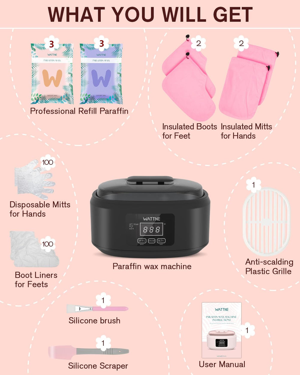 Wattne paraffin wax machine accessories kit included for a complete spa setup.