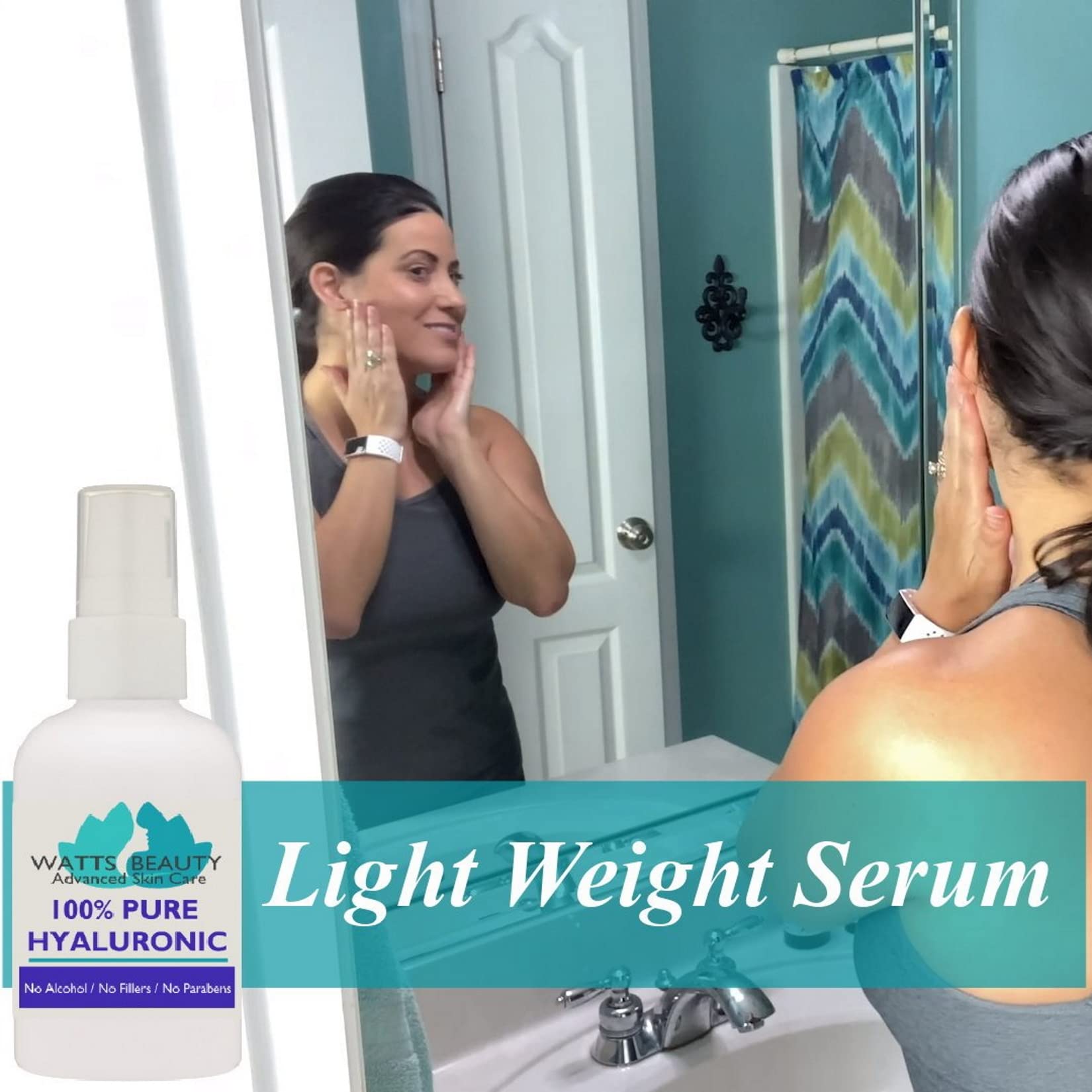Watts Beauty hyaluronic serum texture close-up shows ultra-light formula for quick absorption.