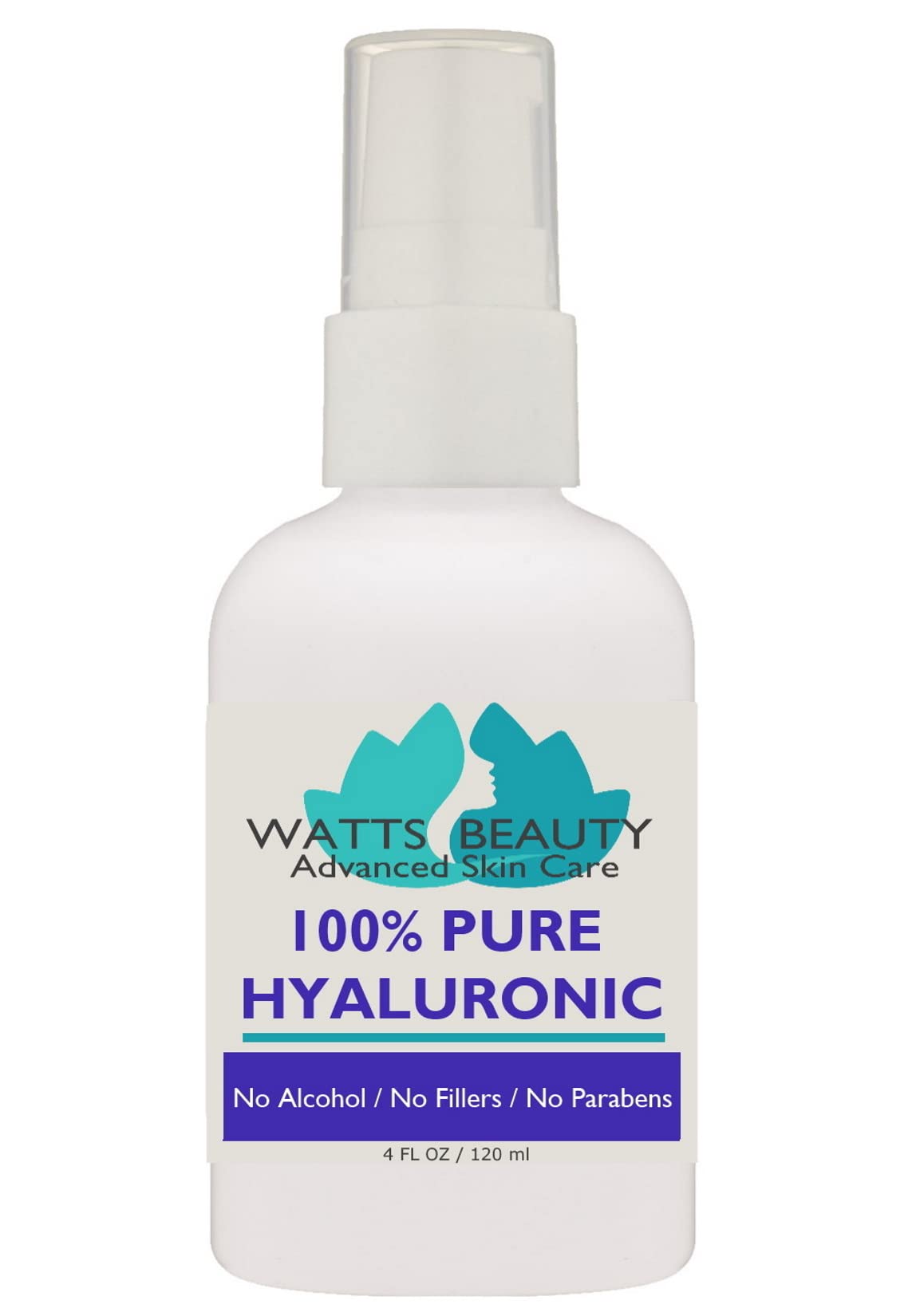 Watts Beauty hyaluronic serum bottle close-up highlighting lightweight hydration benefits.
